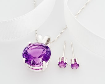 Brazilian Amethyst Necklace Earring Set: Sterling Silver Purple Jewelry