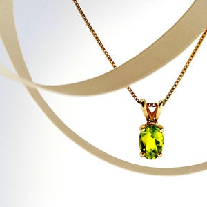 Chartreuse Green Tourmaline in 14K Yellow Gold pendant. Gorgeous Natural Tourmaline Necklace. 7x5mm Oval, faceted, Brazilian. Case, Gift Box