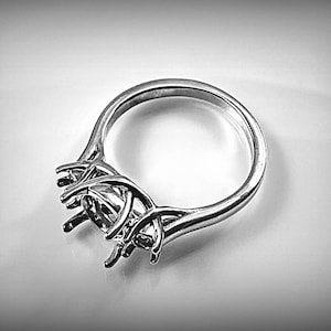 Premium Sterling Silver, 8mm Round Trellis style Ring Mount with round 3.5mm accents. Oxygen-free cast. Polished, ready for gemstone.