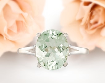 Prasiolite Ring: 11x9mm Oval Light Green Vermarine, Sterling Silver