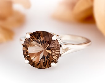 Concave Cut 10mm Round Smoky Quartz Sterling Silver Solitaire Ring