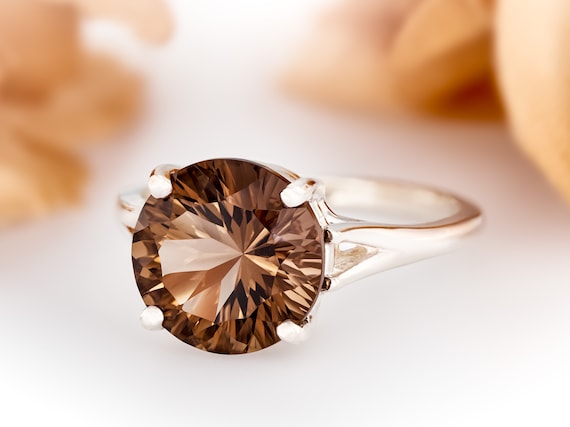 Concave Cut 10mm Round Smoky Quartz Sterling Silver Solitaire Ring