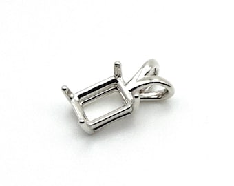 Sterling Silver Rectangular Pendant Setting, 4-Prong Gemstone Mount, Emerald Cushion Cut