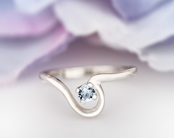 Natural Aquamarine Sterling Silver Ring, Half Heart Gemstone, March Birthstone