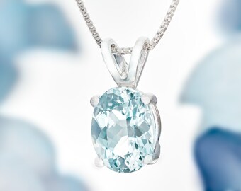 Aquamarine Pendant Necklace: 9x7mm Oval, Sterling Silver, Padre Paraiso Brazil