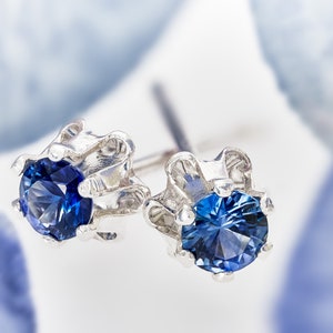 Sapphire Sterling Silver Stud Earrings: 3mm Ceylon Blue Gemstones