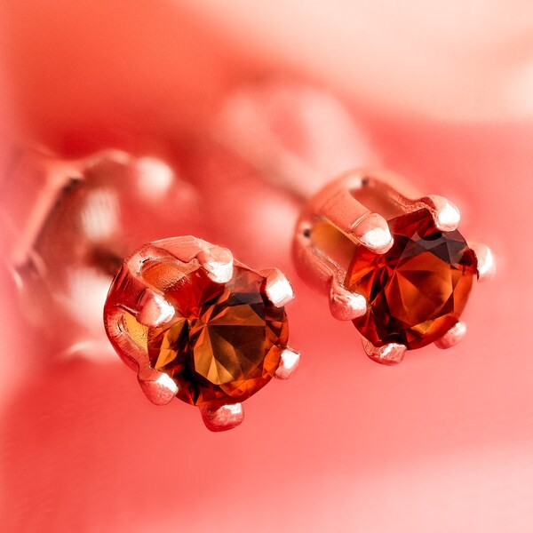 Rare Spessartite Garnet Earrings!  Reddish Orange, Natural, 3mm Round Cut.  Sterling Silver, 6-Prong Earrings, Optional Case and Backs.