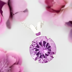 Brazilian purple amethyst, concave cut perfection!  10mm round, 3.38ctw, natural gemstone.  Premium silver pendant necklace. Select chain.
