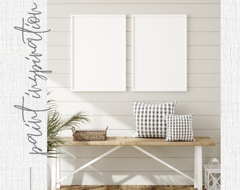 May include: A white farmhouse style entryway with a wooden bench, two white framed pictures, and a jute rug. The wall is white shiplap with a light wood stain. The bench has two black and white gingham pillows.