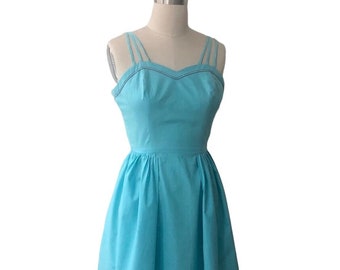 Vintage 1950’s Fit and Flare cotton sundress turquoise  blue collar