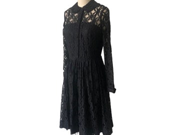 Vintage 1950’s dress, black lace,  fit and flare, party dress, cocktail dress