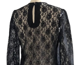 Vintage Romantic Black lace Blouse semi sheer