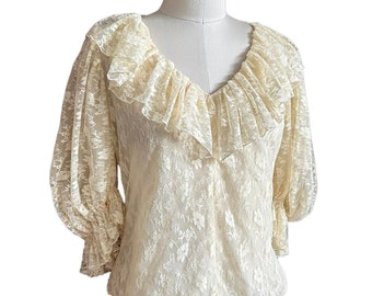 Vintage Romantic Lace Blouse in cream , Ruffled with full bloused sleeves, Priscilla of Boston