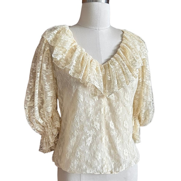 Vintage Romantic Lace Blouse in cream , Ruffled with full bloused sleeves, Priscilla of Boston