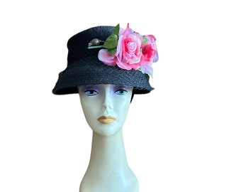 Vintage 1950’s Straw Hat with Pink Floral Accent, Spring Summer Hat, Bucket Style, Peach Basket