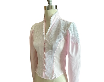 Vintage 1970’s Pink Blouse, Victorian Style, lace accents, full sleeves, Spring blouse