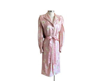 Vintage 80’s  Pink Silk Floral Dress  Pink Bow accent