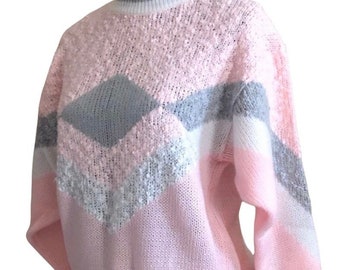 Vintage 80's pink sweater, oversized fit, abstract print,  fall winter  sweater