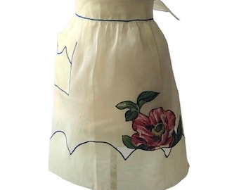 Vintage 1950's half apron: yellow organza hostess style , floral, cottagecore