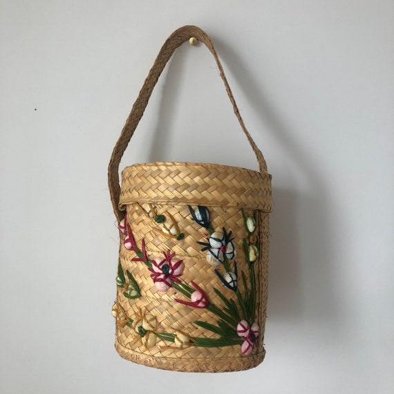 Vintage Straw Bag 1950’s Raffia round bag purse ,… - image 6