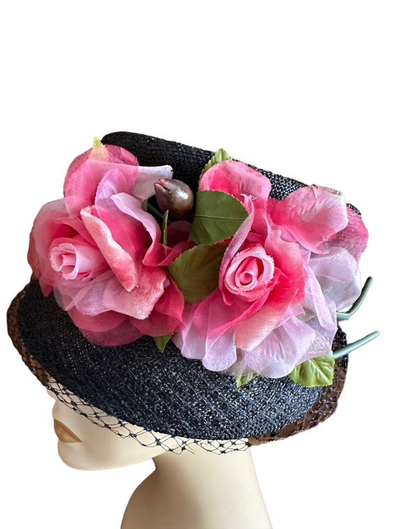 Vintage 1950’s Straw Hat with Pink Floral Accent,… - image 6