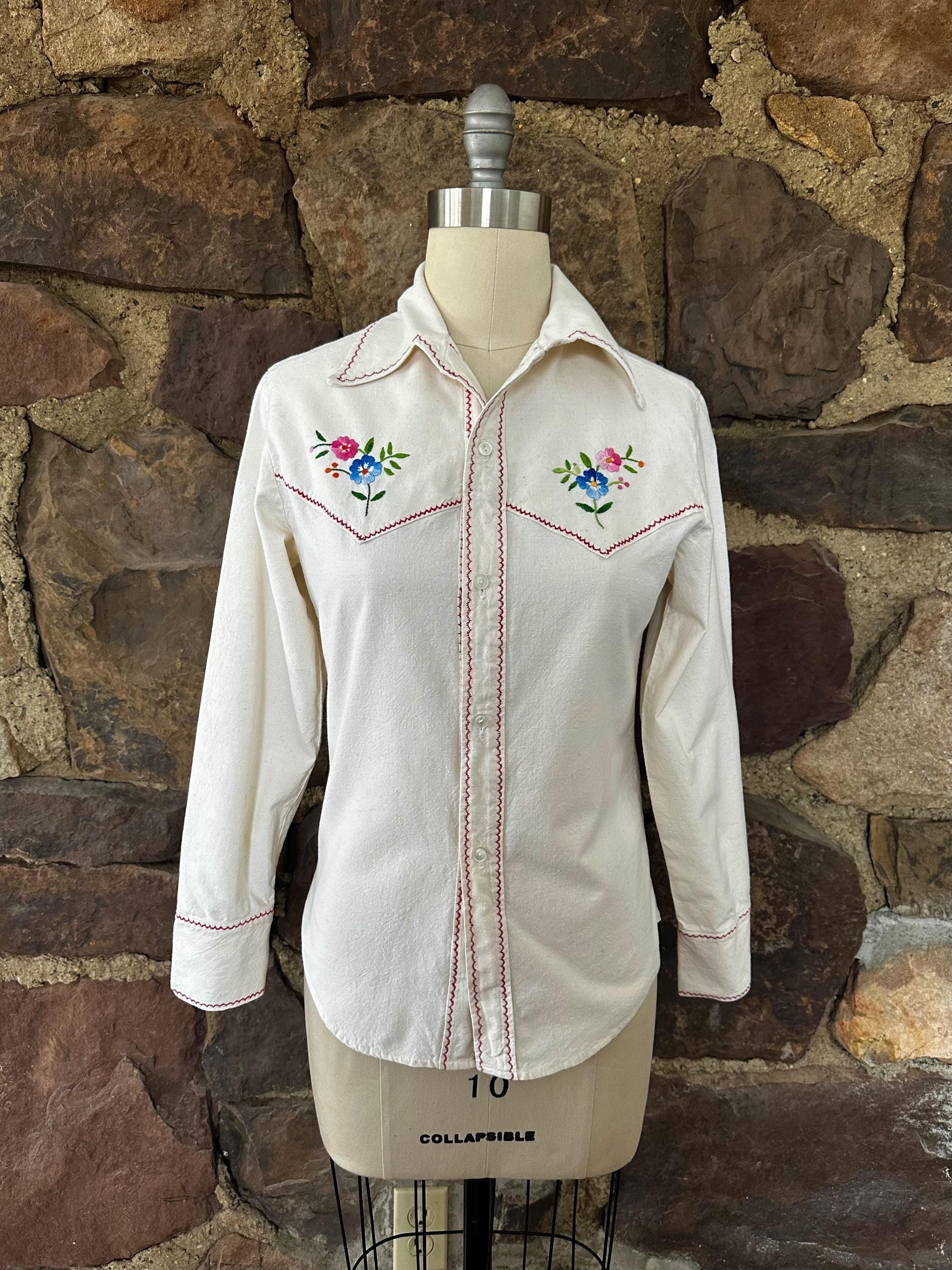 Chemise vintage de style western avec fleurs brodées à la main - France
