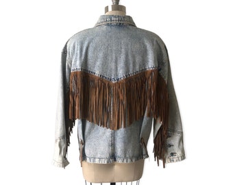Vintage jean jacket: fringed, Western style, Turquoise Accents, vintage 80’s, denim