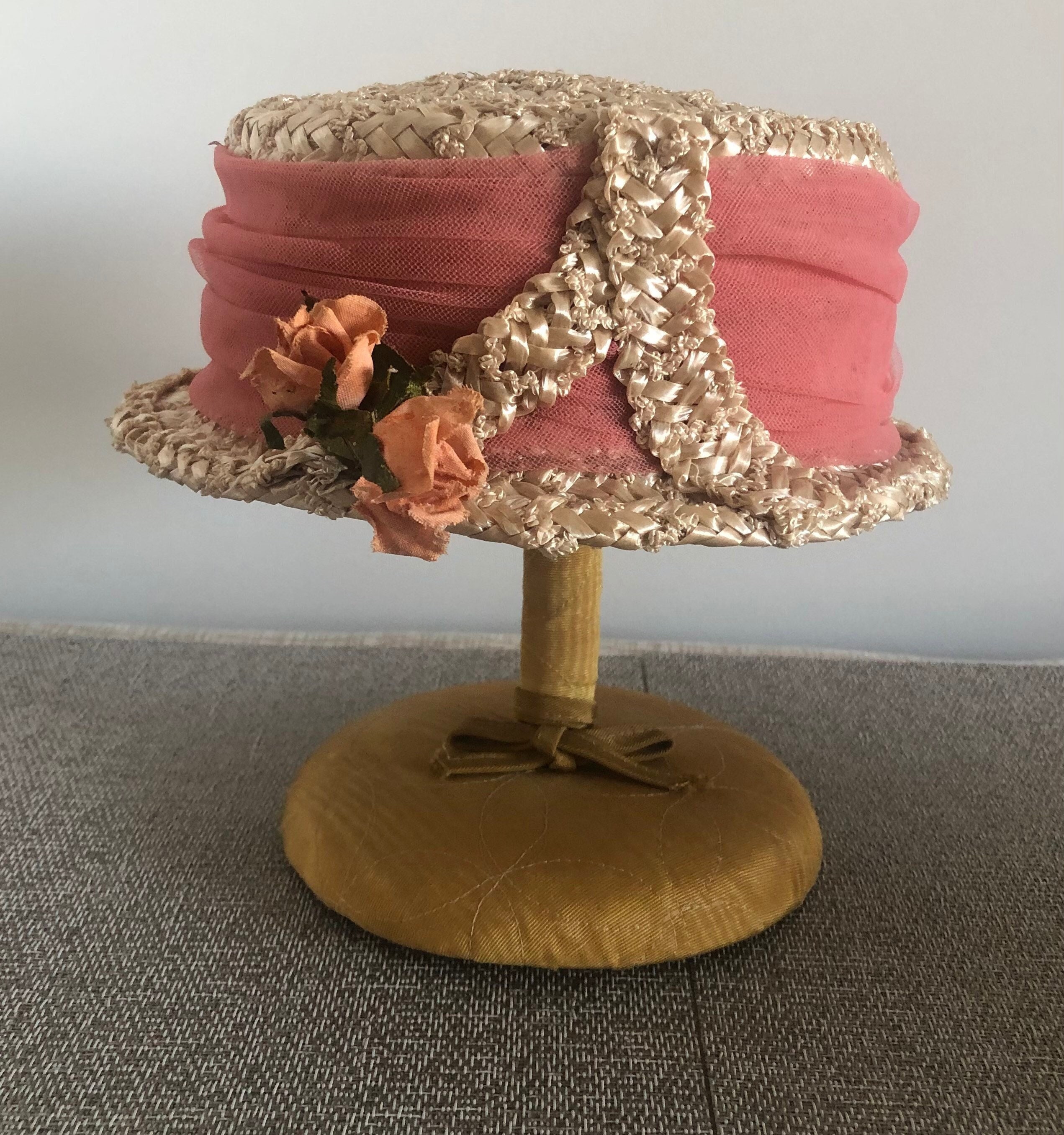 Vintage Spring, Summer Straw Hat With Peach Ribbon and 