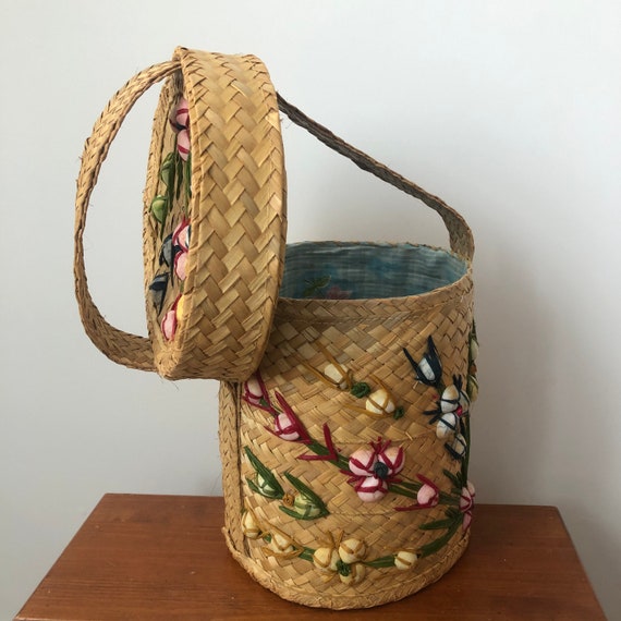 Vintage Straw Bag 1950’s Raffia round bag purse ,… - image 2