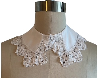 Vintage Lace Collar, White Cotton, Lace Trim, hand crocheted collar