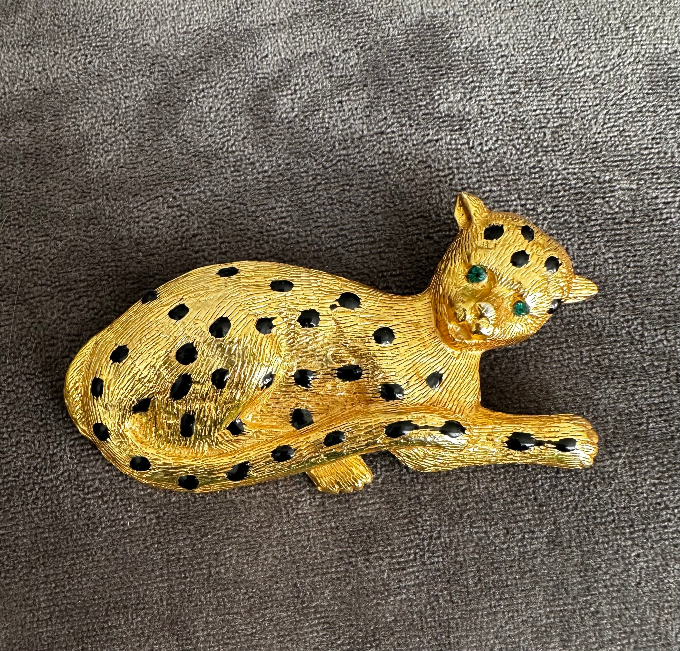 Spilla Vintage A Forma Di Leopardo – Gioiello Artigianale Verde E Oro, Senza Nichel, Fatta A Mano