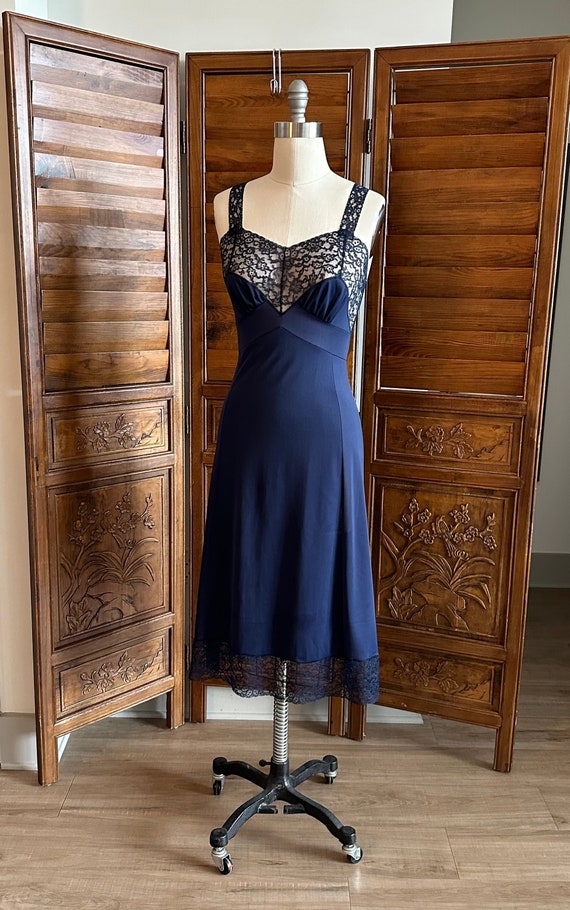 Navy Blue Lace Slip, Vintage Slip, Lace Slip - Gem