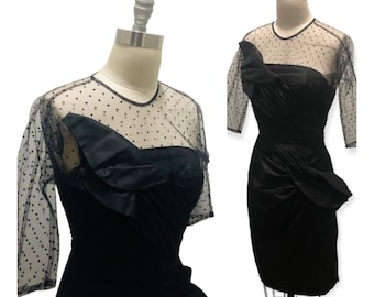 Vintage 1950’s  Wiggle Style Black Cocktail Dress, Swiss dot, Party dress