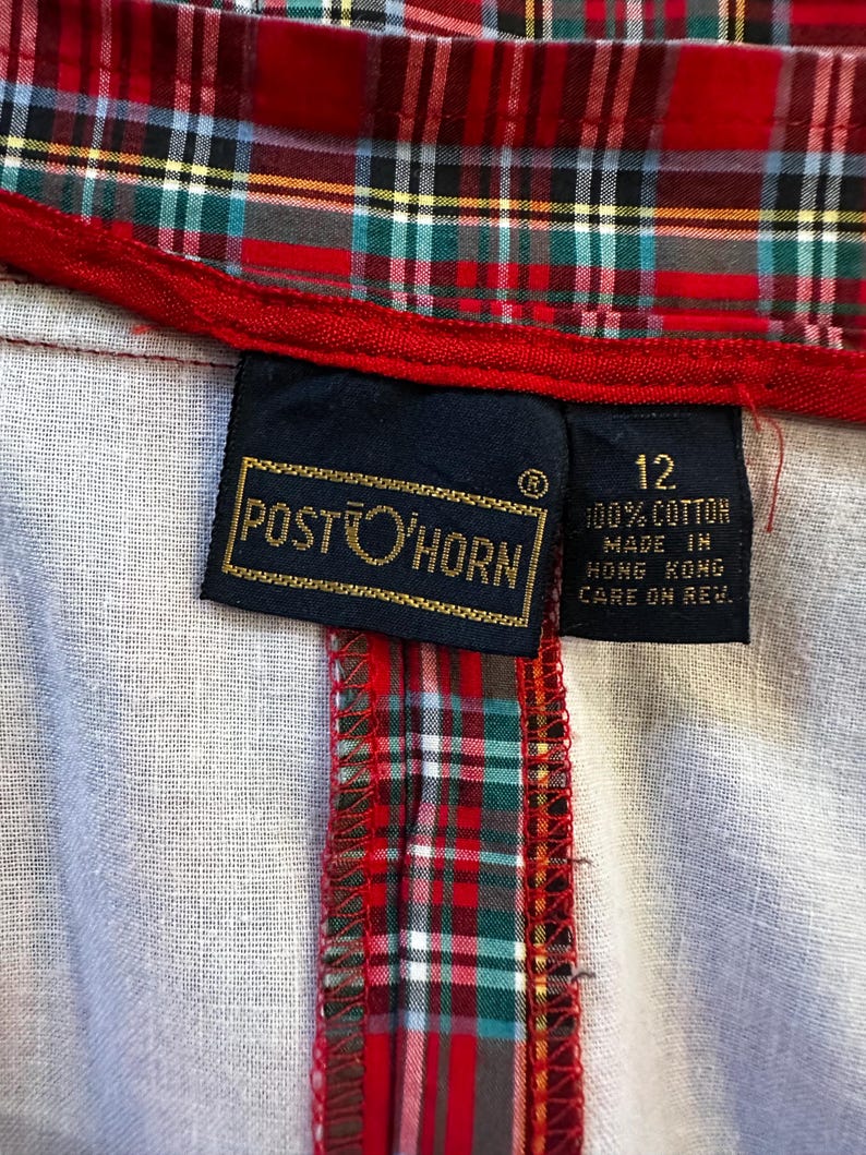 Vintage Red Plaid Cotton Skirt, Post Horn Label, Pleated Midi Length image 8