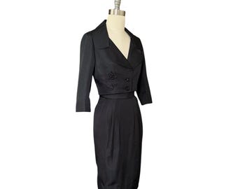 Vintage zwart kokerrokpak jaren 50, Hollywood-ontwerper Helene Rose, prachtig maatwerk, zeldzame vondst