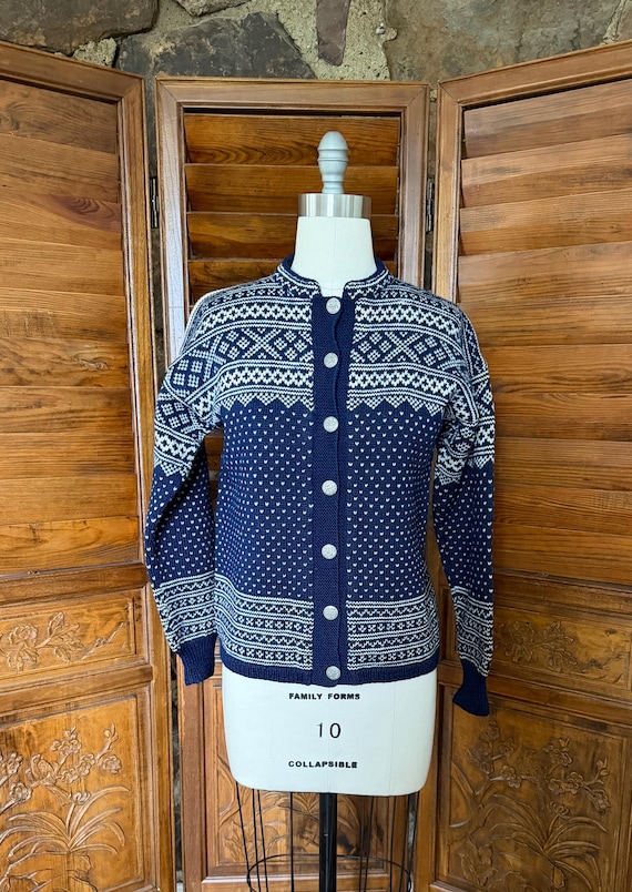 Vintage 1960s Nordic Wool Cardigan, Navy Cream Fair Isle, Pewter Buttons