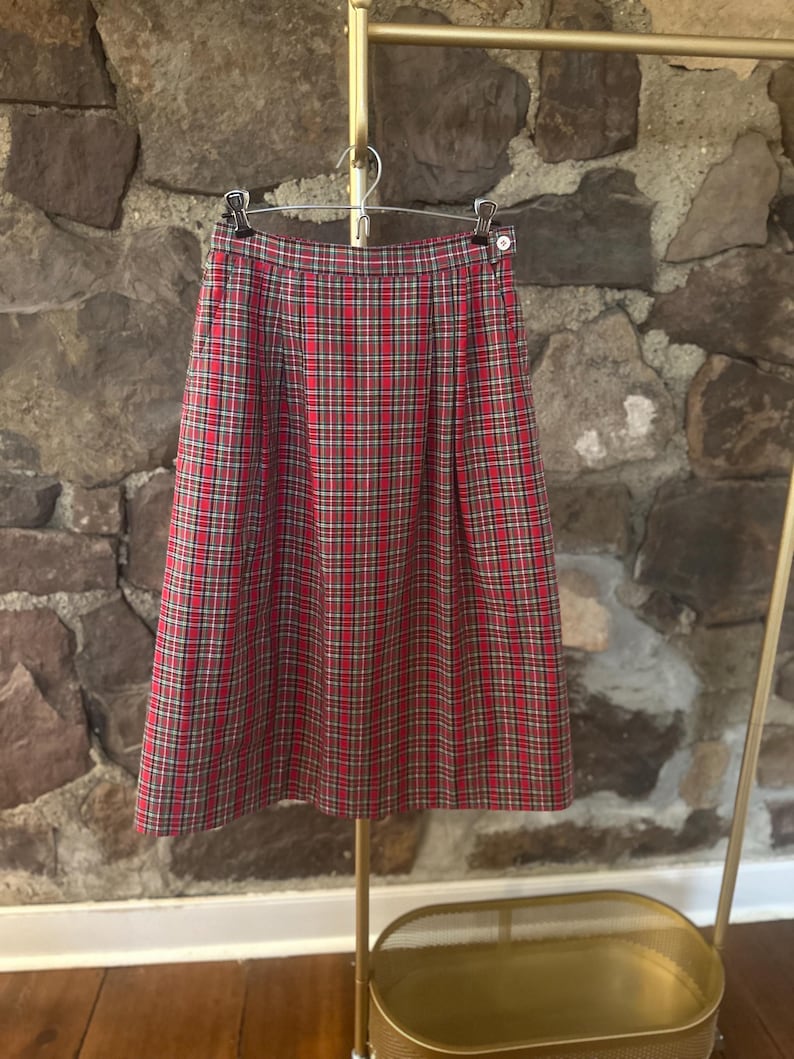 Vintage Red Plaid Cotton Skirt, Post Horn Label, Pleated Midi Length image 5