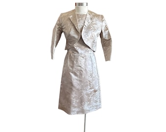 Vintage Silk Damask Dress Set: Champagne color, cocktail dress and matching Cropped Jacket