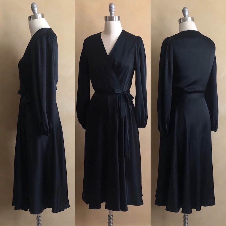 Black Silk Wrap Dress 70/'s Wrap Style ~ Pauline Trigere designer label for BERGDORF GOODMAN on The Plaza New York