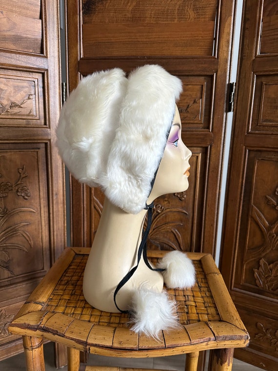 Vintage 1950’s White Fur Hat, Made in Italy, Pom … - image 7