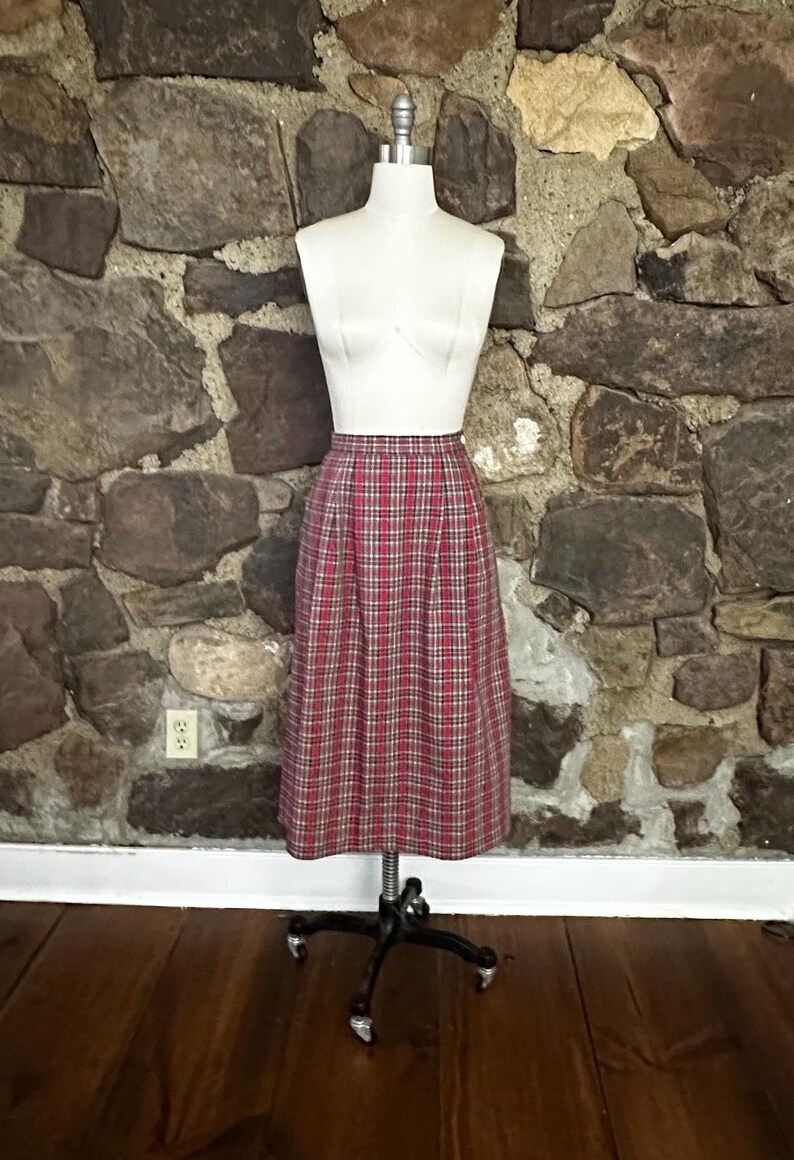 Vintage Red Plaid Cotton Skirt, Post Horn Label, Pleated Midi Length image 2