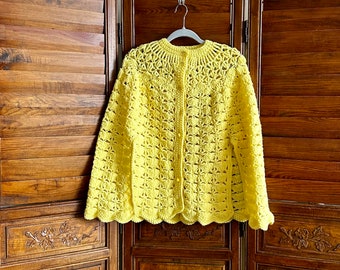 Vintage 1970's Bright Yellow Crochet Cape Poncho