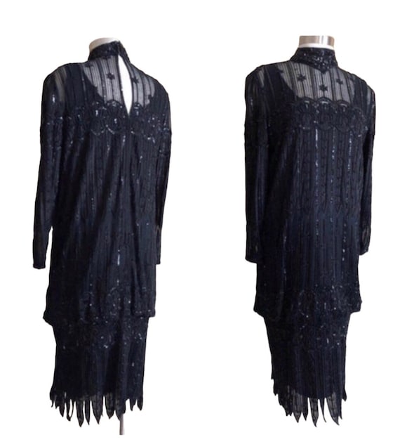 Vintage Black Cocktail dress, heavily Beaded, Gat… - image 1