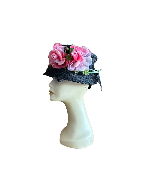 Vintage 1950’s Straw Hat with Pink Floral Accent,… - image 5