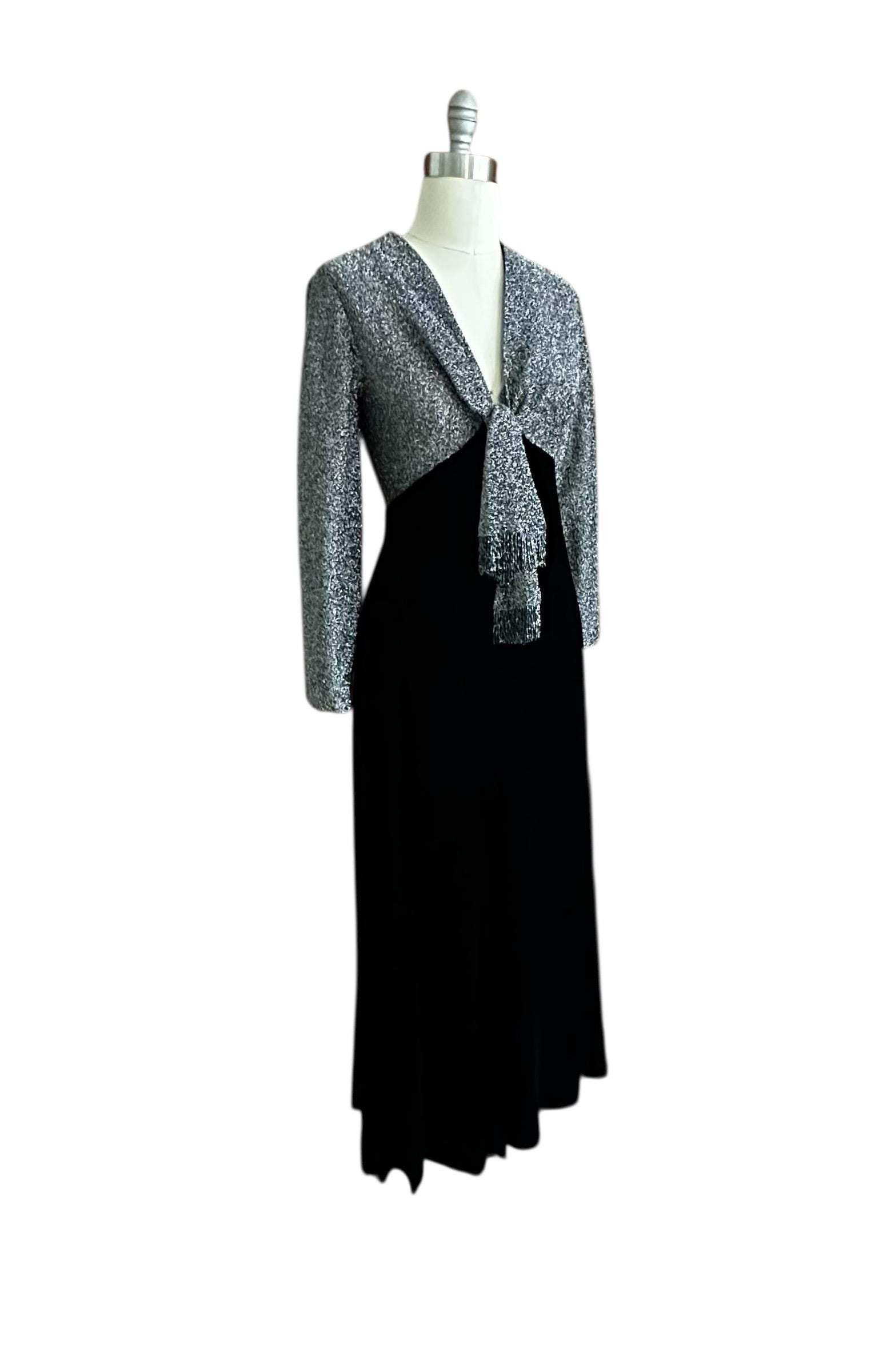 Vintage Long Black Velvet Dress: Silver Metallic Beaded Gown