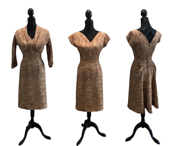 Vintage 1950’s cocktail style wiggle dress, gold … - image 2