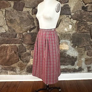 Vintage Red Plaid Cotton Skirt, Post Horn Label, Pleated Midi Length image 1