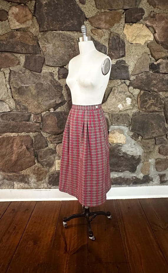Vintage Red Plaid Cotton Skirt, Post Horn Label, Pleated Midi Length