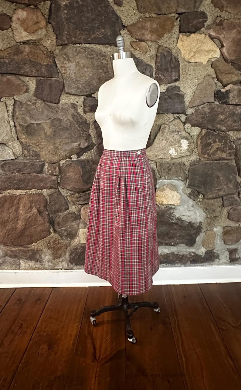 Vintage Red Plaid Cotton Skirt, Post Horn Label, Pleated Midi Length image 1