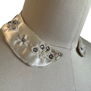 Vintage winter white satin collar with beading and rhinestone details